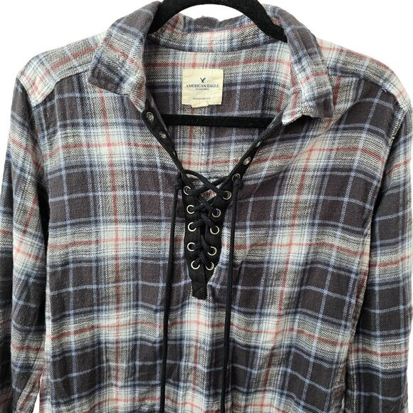 American Eagle Plaid Button Down Shirt Oversized Stretch Soft Cozy Fall Top - Picture 4 of 10